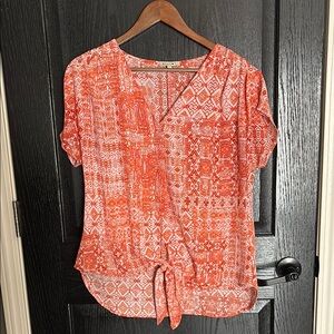 Beacon Pink Short Sleeve Wrap Blouse with Tie Front